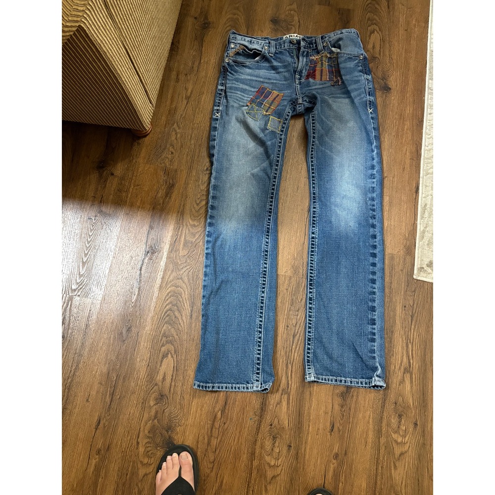 Ariat Denim Mens 33x36 Plaid Patchwork Straight Leg Jeans Medium Wash Western